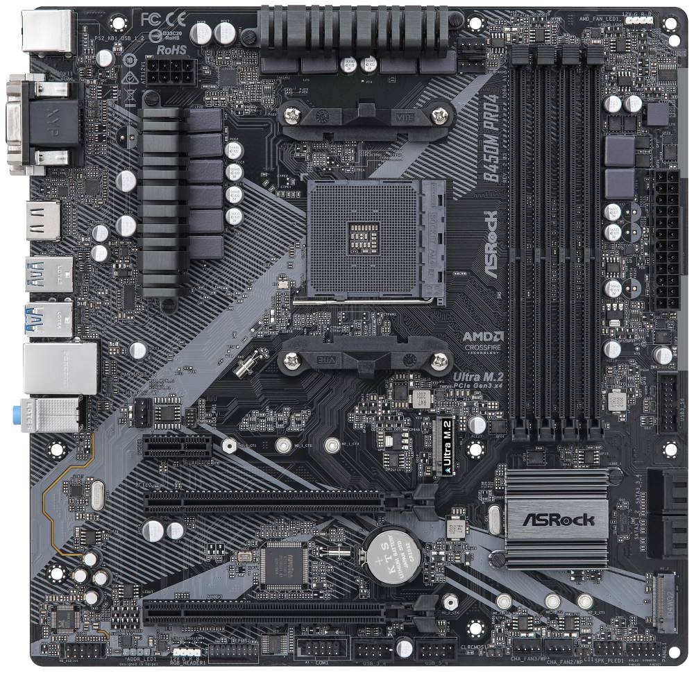 ASRock B450M PRO4 R2.0 / AMD B450 / AM4 / 4x DDR4 DIMM / HDMI / DVI-D / VGA / M.2 / USB-C / mATX